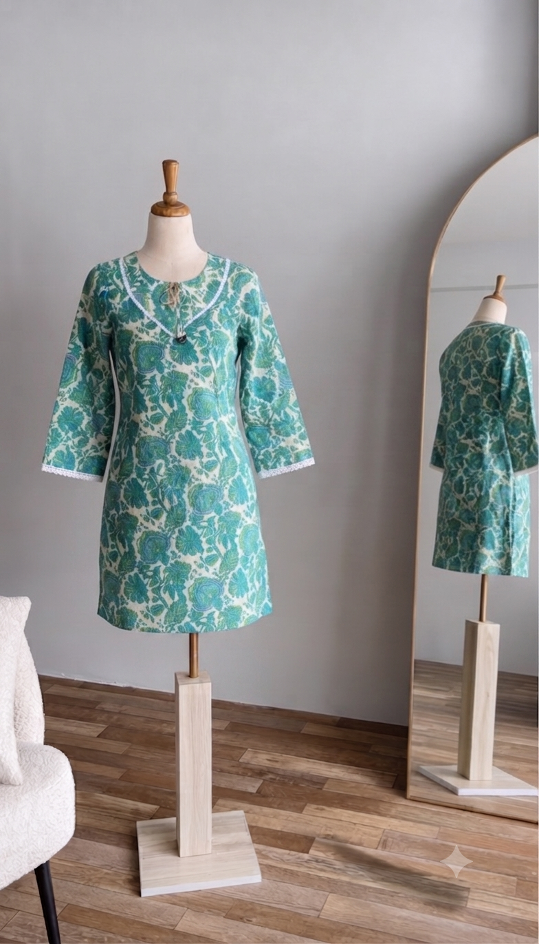 Turquoise Floral Block Print Kurti — Tattvam Atelier