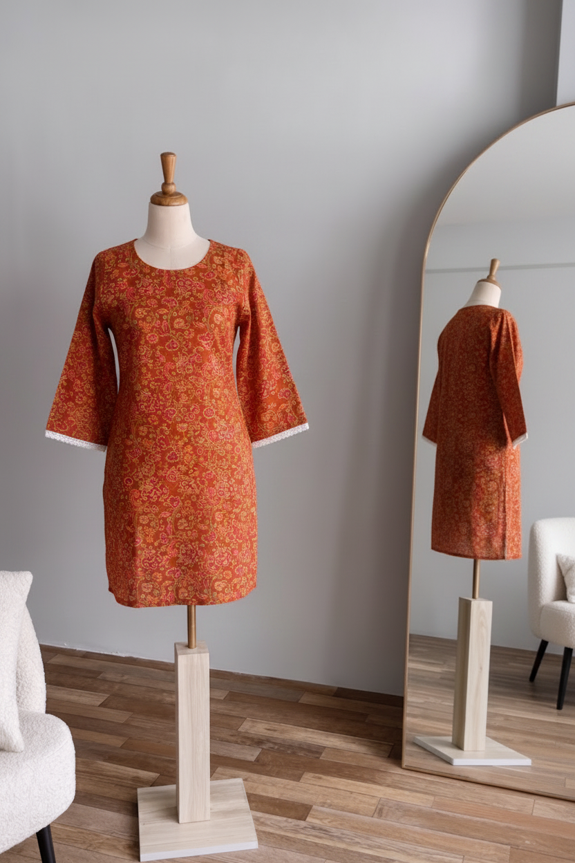 Rust Orange Floral Cotton Kurti — Tattvam Atelier