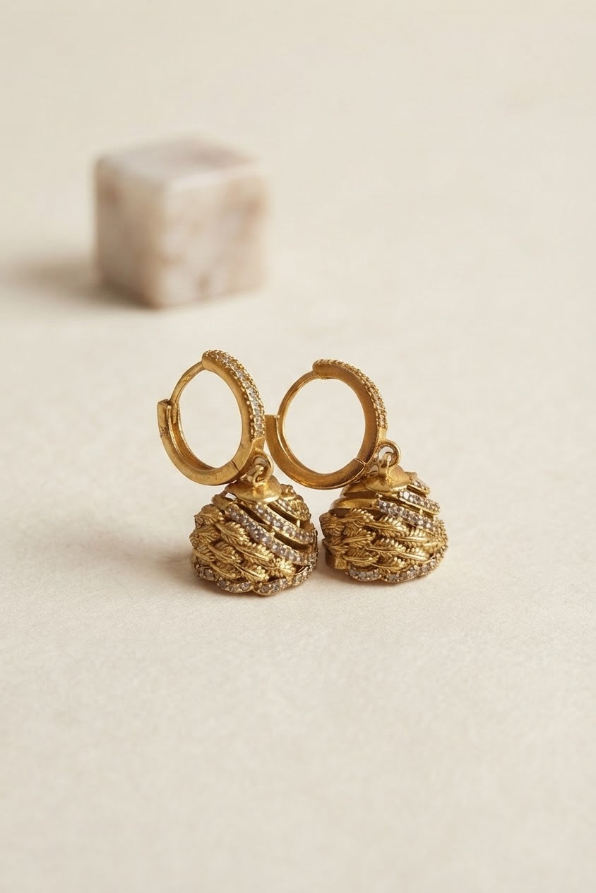 Zarphar Gold Feather Jhumka Earrings | Micro-Pavé Dangle Earrings | Tattvam Atelier