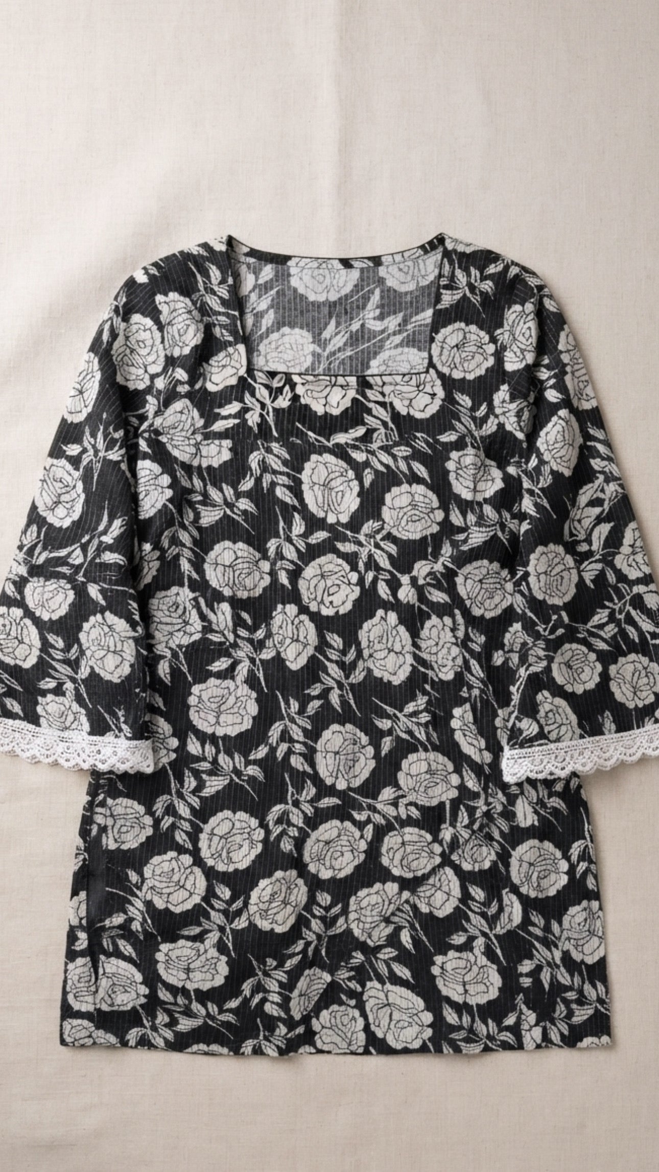 Black & White Floral Cotton Kurthi | Handcrafted Modest Tunic for Women | Limited Edition | Sizes 36–46