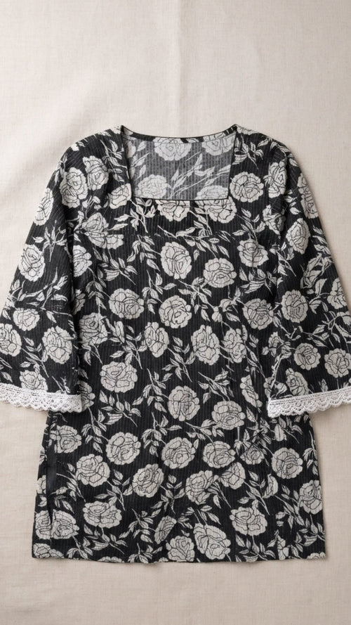 Black & White Floral Cotton Kurthi | Handcrafted Modest Tunic for Women | Limited Edition | Sizes 36–46 - Tattvam.atelier