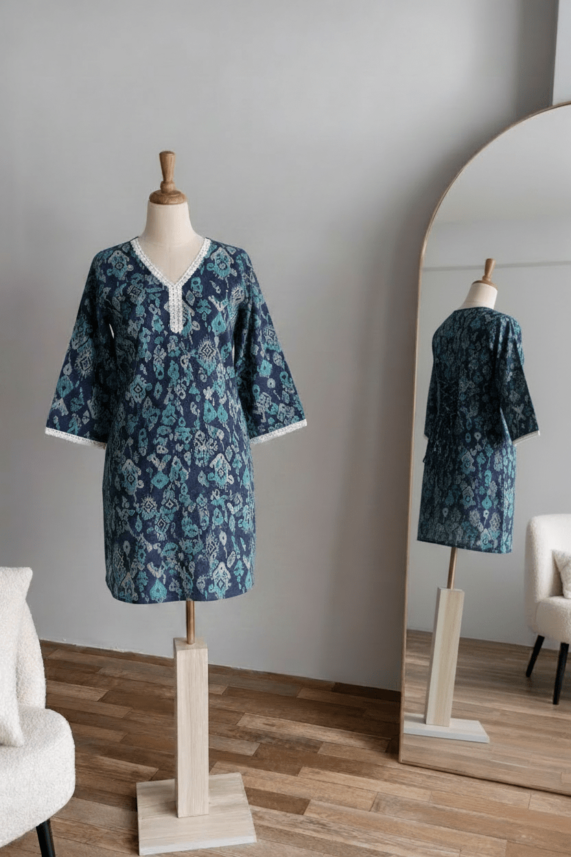 Navy Floral Block Print Kurti — Tattvam Atelier - Tattvam.atelier