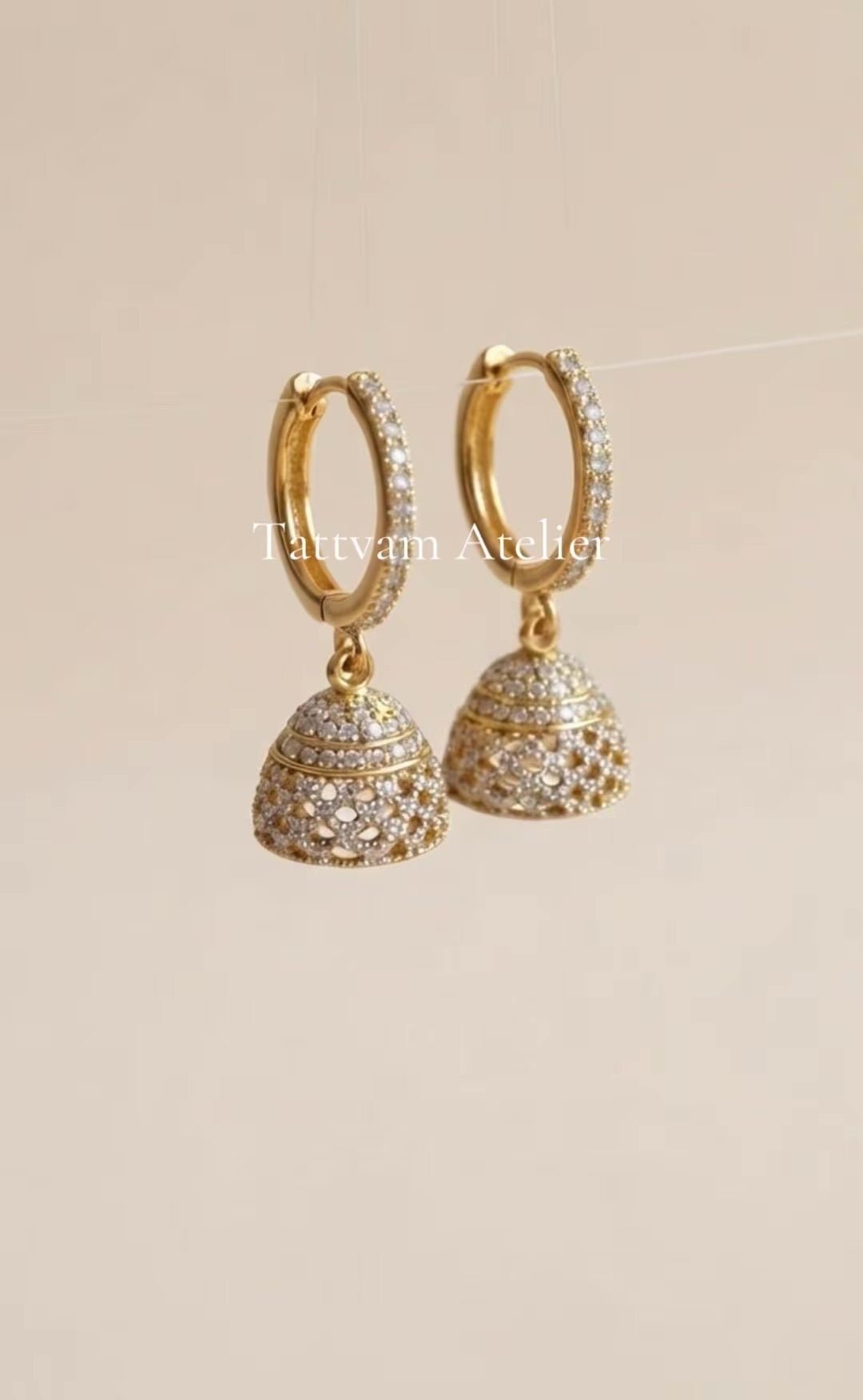 The Amara Pave Jhumki Earrings - Gold Plated with Delicate Stone Detailing for a Sparkle Effect - Traditional Baby Jhumki with Modern Twist - Dainty & Lightweight Design - Tattvam.atelier