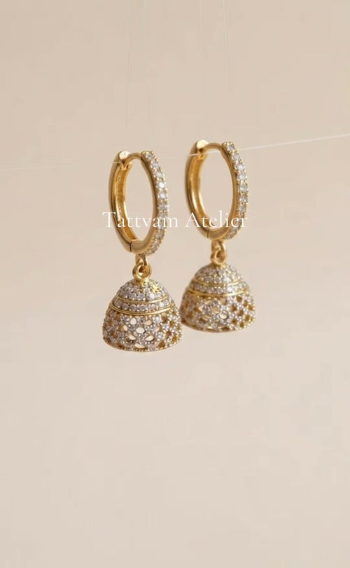 The Amara Pave Jhumki Earrings - Gold Plated with Delicate Stone Detailing for a Sparkle Effect - Traditional Baby Jhumki with Modern Twist - Dainty & Lightweight Design - Tattvam.atelier
